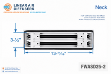 Load image into Gallery viewer, Neck dimensions of a 14x4-inch 2-slot linear slot diffuser with 25mm opening in matte white.
