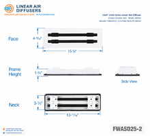 Load image into Gallery viewer, Overall dimensions of a 14x4-inch 2-slot linear slot diffuser with 25mm opening in matte white.
