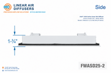 Load image into Gallery viewer, Side profile and dimensions of a 14x4-inch 2-slot linear slot diffuser with 25mm opening in matte white.

