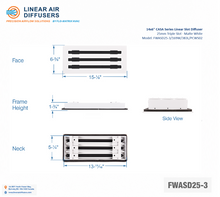 Load image into Gallery viewer, Overall dimensions of a 14x6-inch 3-slot linear slot diffuser with 25mm opening in matte white.
