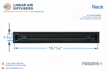 Load image into Gallery viewer, Neck dimensions of a 16-inch 1-slot linear slot diffuser with 19mm opening in matte black.
