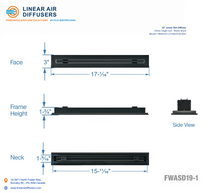 Load image into Gallery viewer, Overall dimensions of a 16-inch 1-slot linear slot diffuser with 19mm opening in matte black.
