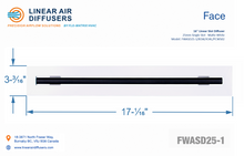 Load image into Gallery viewer, Face dimensions of a 16-inch 1-slot linear slot diffuser with 25mm opening in matte white.
