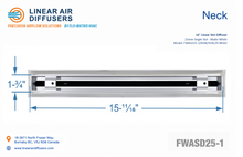 Load image into Gallery viewer, Neck dimensions of a 16-inch 1-slot linear slot diffuser with 25mm opening in matte white.
