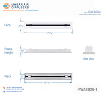 Load image into Gallery viewer, Overall dimensions of a 16-inch 1-slot linear slot diffuser with 25mm opening in matte white.
