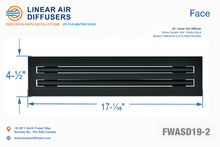 Load image into Gallery viewer, Face dimensions of a 16-inch 2-slot linear slot diffuser with 19mm opening in matte black.

