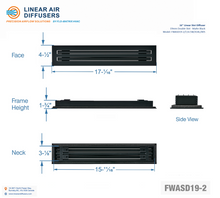Load image into Gallery viewer, Overall dimensions of a 16-inch 2-slot linear slot diffuser with 19mm opening in matte black.
