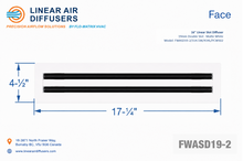 Load image into Gallery viewer, Face dimensions of a 16-inch 2-slot linear slot diffuser with 19mm opening in matte white.
