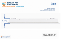 Load image into Gallery viewer, Side profile and dimensions of a 16-inch 2-slot linear slot diffuser with 19mm opening in matte white.
