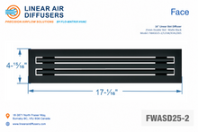 Load image into Gallery viewer, Face dimensions of a 16-inch 2-slot linear slot diffuser with 25mm opening in matte black.
