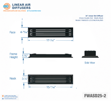 Load image into Gallery viewer, Overall dimensions of a 16-inch 2-slot linear slot diffuser with 25mm opening in matte black.
