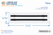 Load image into Gallery viewer, Face dimensions of a 16-inch 2-slot linear slot diffuser with 25mm opening in matte white.
