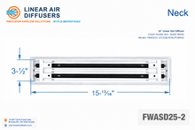 Load image into Gallery viewer, Neck dimensions of a 16-inch 2-slot linear slot diffuser with 25mm opening in matte white.
