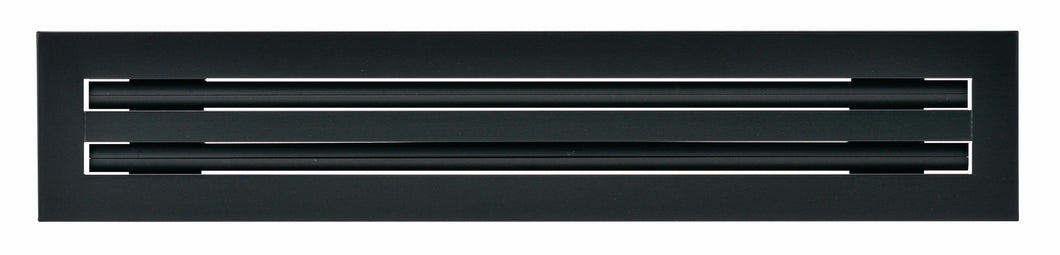 Front view of a black 16-inch 2-slot linear diffuser with 19mm openings for precision airflow in commercial HVAC systems