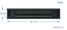 Load image into Gallery viewer, Neck dimensions of a black 16-inch 2-slot linear diffuser with 19mm openings for precision airflow in commercial HVAC systems
