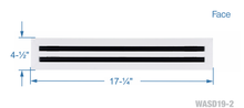 Load image into Gallery viewer, Face dimensions of a white 16 inch 2-slot linear diffuser with 19mm openings for precision airflow in commercial HVAC systems
