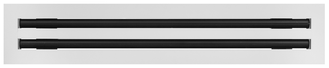 Front view of a white 16 inch 2-slot linear diffuser with 19mm openings for precision airflow in commercial HVAC systems