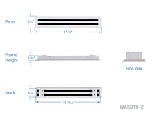 Load image into Gallery viewer, Full dimensions of a white 16 inch 2-slot linear diffuser with 19mm openings for precision airflow in commercial HVAC systems
