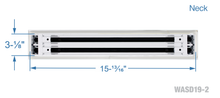 Load image into Gallery viewer, Neck dimensions of a white 16 inch 2-slot linear diffuser with 19mm openings for precision airflow in commercial HVAC systems
