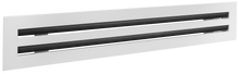 Load image into Gallery viewer, Side view of a white 16 inch 2-slot linear diffuser with 19mm openings for precision airflow in commercial HVAC systems
