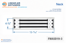 Load image into Gallery viewer, Neck dimensions of a 16-inch 3-slot linear slot diffuser with 19mm opening in matte white.
