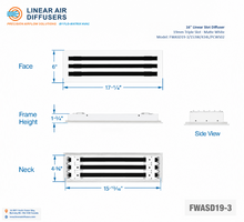Load image into Gallery viewer, Overall dimensions of a 16-inch 3-slot linear slot diffuser with 19mm opening in matte white.
