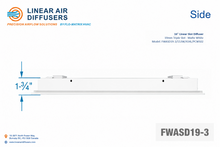 Load image into Gallery viewer, Side profile and dimensions of a 16-inch 3-slot linear slot diffuser with 19mm opening in matte white.
