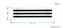 Load image into Gallery viewer, Face dimensions of a white 16 inch 3-slot linear diffuser with 19mm openings for precision airflow in commercial HVAC systems
