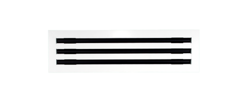 Front view of a white 16 inch 3-slot linear diffuser with 19mm openings for precision airflow in commercial HVAC systems