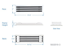 Load image into Gallery viewer, Full dimensions of a white 16 inch 3-slot linear diffuser with 19mm openings for precision airflow in commercial HVAC systems
