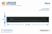 Load image into Gallery viewer, Neck dimensions of a 18-inch 1-slot linear slot diffuser with 19mm opening in matte black.
