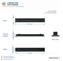 Load image into Gallery viewer, Overall dimensions of a 18-inch 1-slot linear slot diffuser with 19mm opening in matte black.
