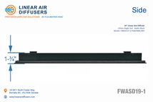 Load image into Gallery viewer, Side profile and dimensions of a 18-inch 1-slot linear slot diffuser with 19mm opening in matte black.
