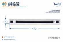 Load image into Gallery viewer, Neck dimensions of a 18-inch 1-slot linear slot diffuser with 19mm opening in matte white.

