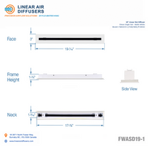 Load image into Gallery viewer, Overall dimensions of a 18-inch 1-slot linear slot diffuser with 19mm opening in matte white.
