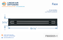 Load image into Gallery viewer, Face dimensions of a 18-inch 1-slot linear slot diffuser with 25mm opening in matte black.
