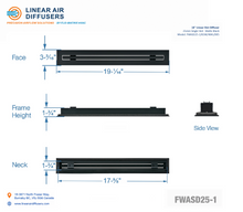 Load image into Gallery viewer, Overall dimensions of a 18-inch 1-slot linear slot diffuser with 25mm opening in matte black.

