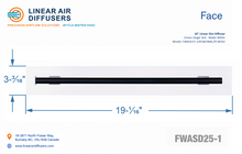 Load image into Gallery viewer, Face dimensions of a 18-inch 1-slot linear slot diffuser with 25mm opening in matte white.
