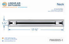 Load image into Gallery viewer, Neck dimensions of a 18-inch 1-slot linear slot diffuser with 25mm opening in matte white.
