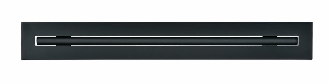 Front view of a black 18-inch 1-slot linear diffuser with 19mm openings for precision airflow in commercial HVAC systems