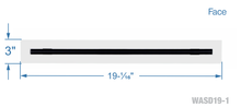 Load image into Gallery viewer, Face dimensions of a white 18 inch 1-slot linear diffuser with 19mm openings for precision airflow in commercial HVAC systems

