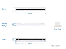 Load image into Gallery viewer, Full dimensions of a white 18 inch 1-slot linear diffuser with 19mm openings for precision airflow in commercial HVAC systems

