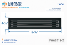 Load image into Gallery viewer, Face dimensions of a 18-inch 2-slot linear slot diffuser with 19mm opening in matte black.
