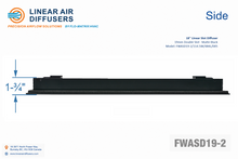 Load image into Gallery viewer, Side profile and dimensions of a 18-inch 2-slot linear slot diffuser with 19mm opening in matte black.
