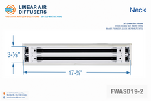 Load image into Gallery viewer, Neck dimensions of a 18-inch 2-slot linear slot diffuser with 19mm opening in matte white.
