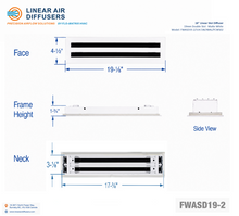 Load image into Gallery viewer, Overall dimensions of a 18-inch 2-slot linear slot diffuser with 19mm opening in matte white.
