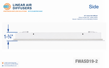 Load image into Gallery viewer, Side profile and dimensions of a 18-inch 2-slot linear slot diffuser with 19mm opening in matte white.
