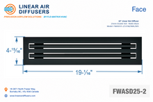 Load image into Gallery viewer, Face dimensions of a 18-inch 2-slot linear slot diffuser with 25mm opening in matte black.
