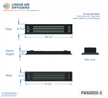 Load image into Gallery viewer, Overall dimensions of a 18-inch 2-slot linear slot diffuser with 25mm opening in matte black.
