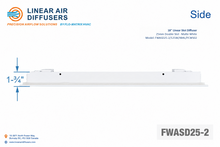 Load image into Gallery viewer, Side profile and dimensions of a 18-inch 2-slot linear slot diffuser with 25mm opening in matte white.
